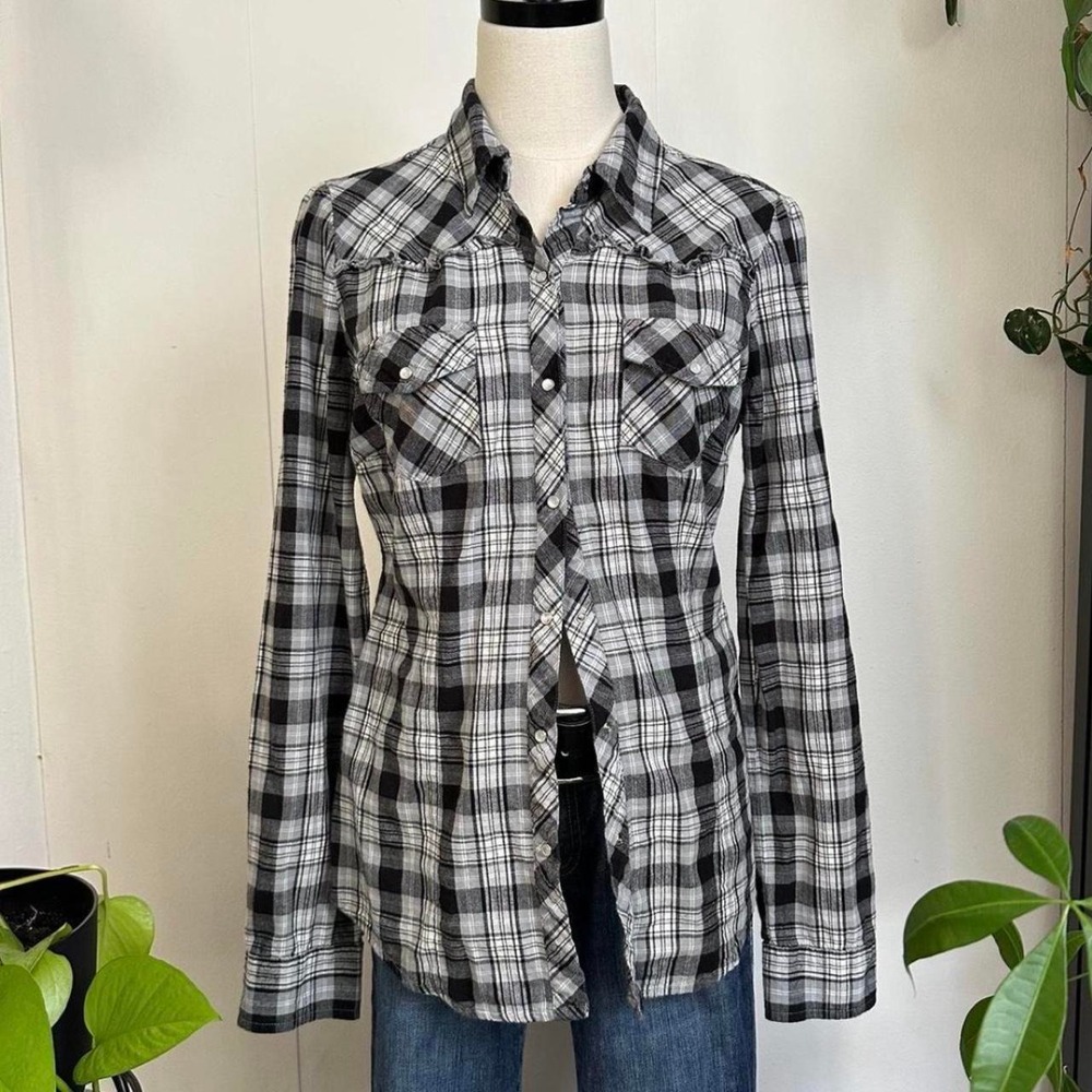 Arizona Jean Co Western Plaid Pearl Snap Ruffle Shirt Black Grey Women Large